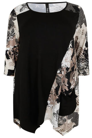 Black & Brown Floral Print Top With Side Pocket,Plus size clothing,womens plus size clothing,big size ladies dress,plus size