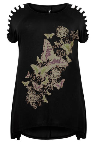Black Butterfly Print Top With Shredded Shoulder Detail,Plus size clothing,womens plus size clothing,big size ladies dress,plus size