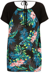 Black & Multi Tropical Floral Print Panel Top With Back Tie
