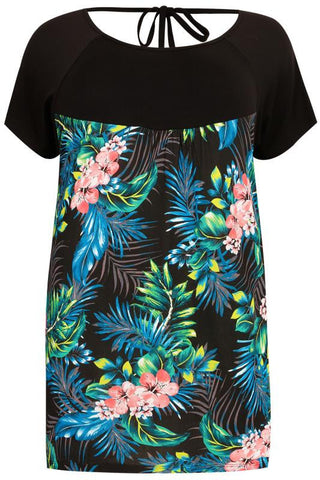 Black & Multi Tropical Floral Print Panel Top With Back Tie,Plus size clothing,womens plus size clothing,big size ladies dress,plus size