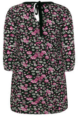 Black & Pink Multi Floral Print Top With Back Tie