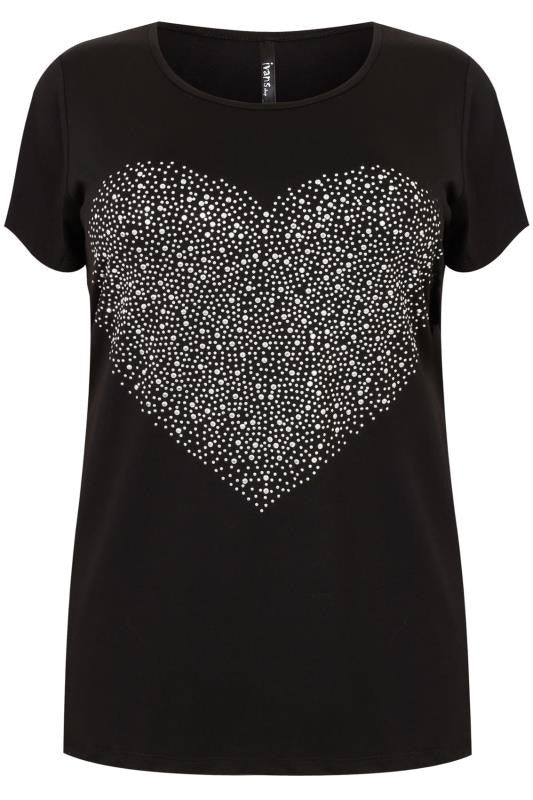 Black Short Sleeve T-Shirt With Heart Embellishment,Plus size clothing,womens plus size clothing,big size ladies dress,plus size