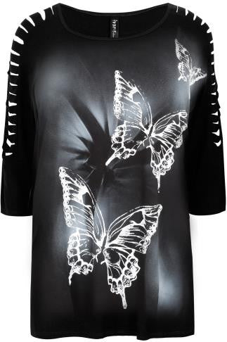 Black Butterfly Print Top With Shredded Cold Shoulder,Plus size clothing,womens plus size clothing,big size ladies dress,plus size