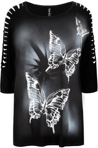 Black Butterfly Print Top With Shredded Cold Shoulder,Plus size clothing,womens plus size clothing,big size ladies dress,plus size