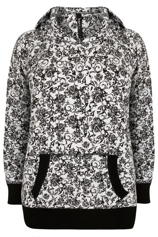 Black & White Floral Print Hooded Sweat Top,Plus size clothing,womens plus size clothing,big size ladies dress,plus size