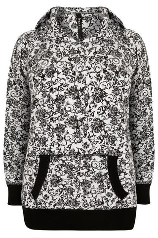 Black & White Floral Print Hooded Sweat Top,Plus size clothing,womens plus size clothing,big size ladies dress,plus size