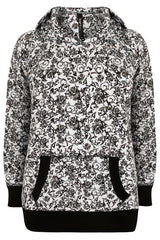 Black & White Floral Print Hooded Sweat Top,Plus size clothing,womens plus size clothing,big size ladies dress,plus size