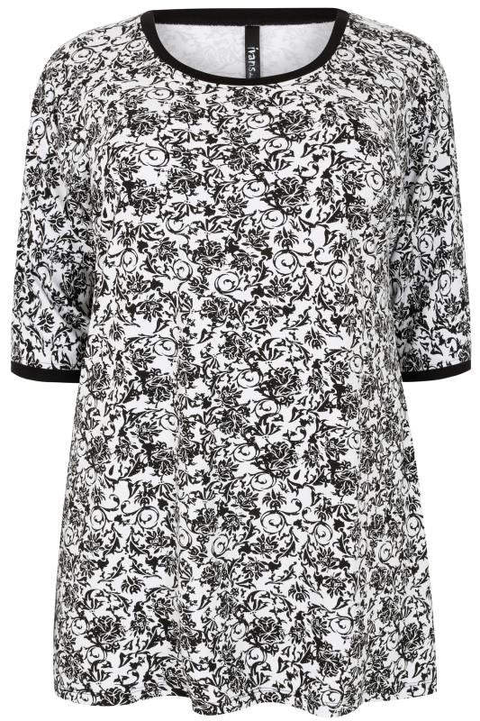 Black & White Floral Print Jersey Top,Plus size clothing,womens plus size clothing,big size ladies dress,plus size