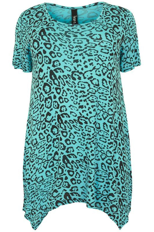 Blue & Black Leopard Print Top With Hanky Hem,Plus size clothing,womens plus size clothing,big size ladies dress,plus size