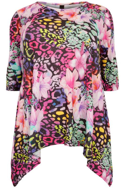 Pink & Multi Tropical Print Jersey Top With Hanky Hem,Plus size clothing,womens plus size clothing,big size ladies dress,plus size