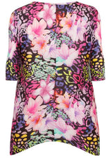 Pink & Multi Tropical Print Jersey Top With Hanky Hem