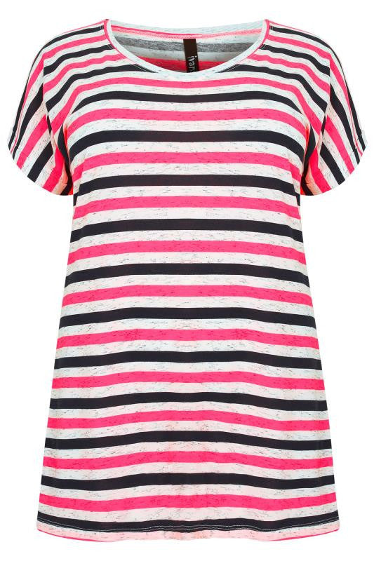 Pink, White & Navy Stripe Top With Short Turn-back Sleeves,Plus size clothing,womens plus size clothing,big size ladies dress,plus size