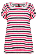 Pink, White & Navy Stripe Top With Short Turn-back Sleeves,Plus size clothing,womens plus size clothing,big size ladies dress,plus size