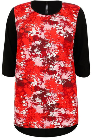 Red & Black Floral Print Colour Block Top,Plus size clothing,womens plus size clothing,big size ladies dress,plus size