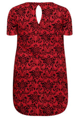 Red & Black Floral Wallpaper Print Top With Sequin Pocket Detail