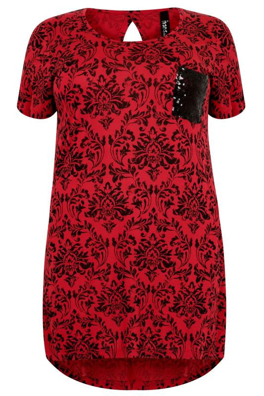 Red & Black Floral Wallpaper Print Top With Sequin Pocket Detail,Plus size clothing,womens plus size clothing,big size ladies dress,plus size