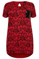 Red & Black Floral Wallpaper Print Top With Sequin Pocket Detail,Plus size clothing,womens plus size clothing,big size ladies dress,plus size