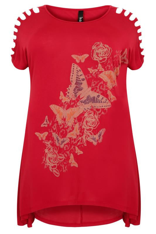 Red Butterfly Print Top With Shredded Shoulder Detail,Plus size clothing,womens plus size clothing,big size ladies dress,plus size