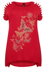 Red Butterfly Print Top With Shredded Shoulder Detail,Plus size clothing,womens plus size clothing,big size ladies dress,plus size