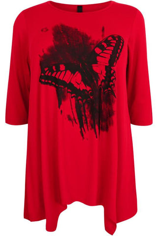 Red Top With Butterfly Print & 3/4 Length Sleeves,Plus size clothing,womens plus size clothing,big size ladies dress,plus size