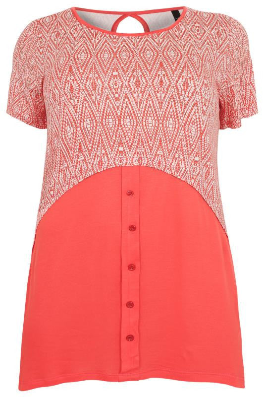 Red & White Print Colour Block Top With Button Detail,Plus size clothing,womens plus size clothing,big size ladies dress,plus size