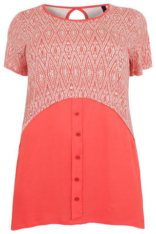 Red & White Print Colour Block Top With Button Detail,Plus size clothing,womens plus size clothing,big size ladies dress,plus size