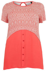 Red & White Print Colour Block Top With Button Detail,Plus size clothing,womens plus size clothing,big size ladies dress,plus size