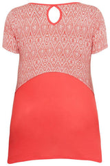 Red & White Print Colour Block Top With Button Detail