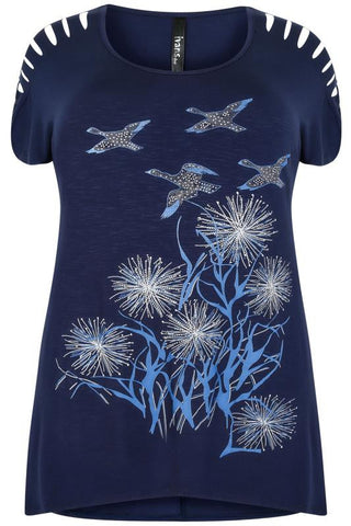 Navy Bird & Flower Print Top With Shredded Shoulder Details,Plus size clothing,womens plus size clothing,big size ladies dress,plus size