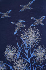 Navy Bird & Flower Print Top With Shredded Shoulder Details