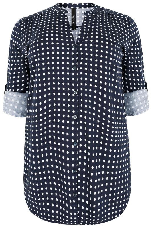 Navy&White Polka Dot Shirt With Curved Hem,Plus size clothing,womens plus size clothing,big size ladies dress,plus size