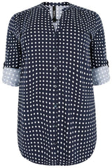 Navy&White Polka Dot Shirt With Curved Hem,Plus size clothing,womens plus size clothing,big size ladies dress,plus size
