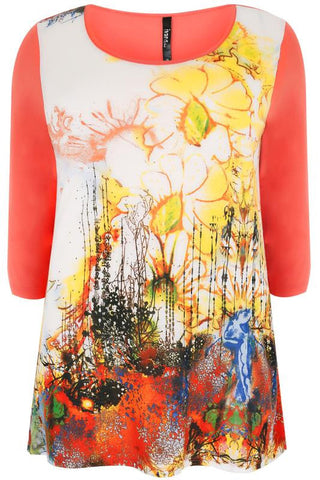 Ivory & Pink  Abstract Floral Print Top With Dipped Hem,Plus size clothing,womens plus size clothing,big size ladies dress,plus size