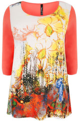 Ivory & Pink  Abstract Floral Print Top With Dipped Hem,Plus size clothing,womens plus size clothing,big size ladies dress,plus size