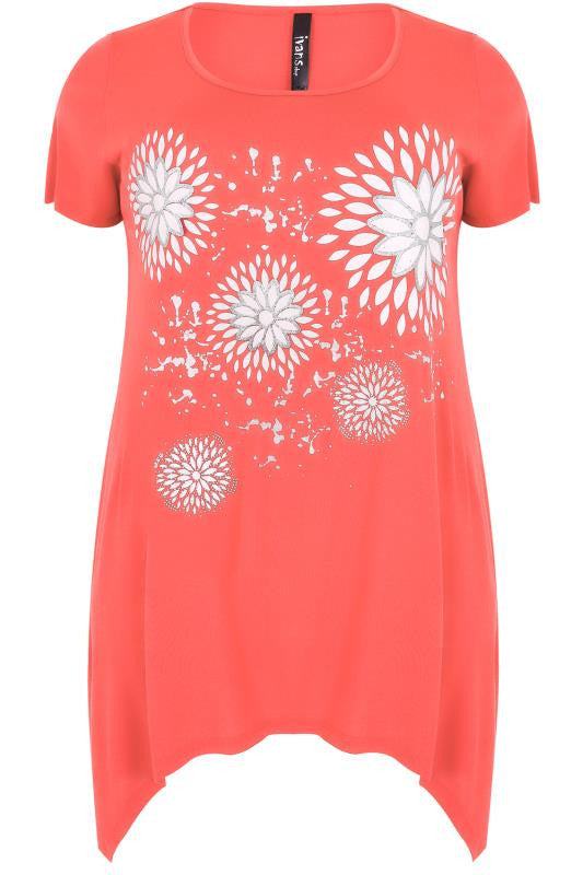 Coral & White Floral Diamond Print Top,Plus size clothing,womens plus size clothing,big size ladies dress,plus size