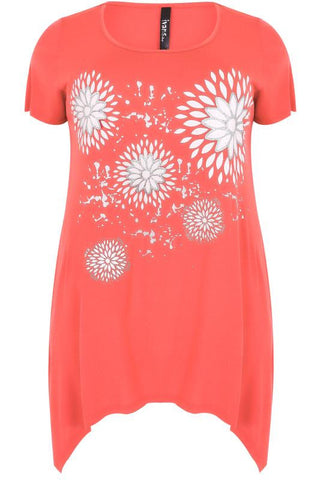 Coral & White Floral Diamond Print Top,Plus size clothing,womens plus size clothing,big size ladies dress,plus size