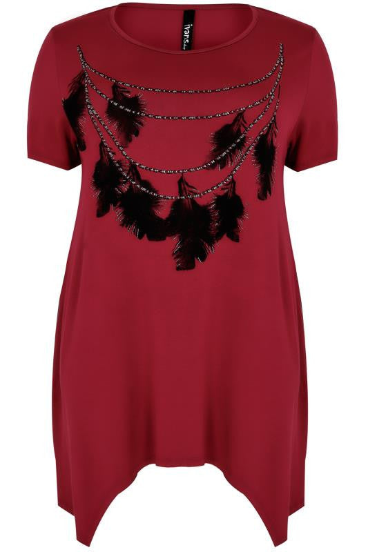 Red & Black Feather Print Top,Plus size clothing,womens plus size clothing,big size ladies dress,plus size