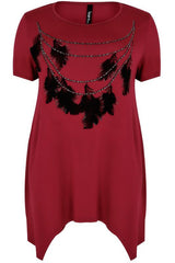 Red & Black Feather Print Top,Plus size clothing,womens plus size clothing,big size ladies dress,plus size