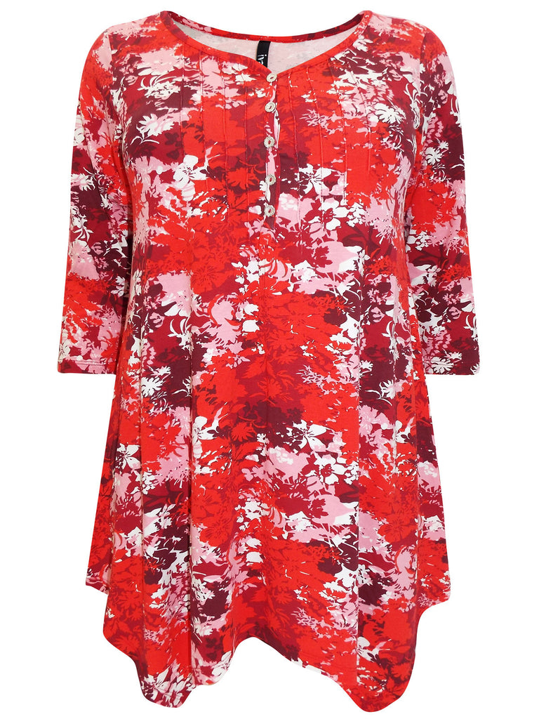 Red & Black Floral Print Colour Block Top,Plus size clothing,womens plus size clothing,big size ladies dress,plus size