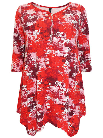 Red & Black Floral Print Colour Block Top,Plus size clothing,womens plus size clothing,big size ladies dress,plus size