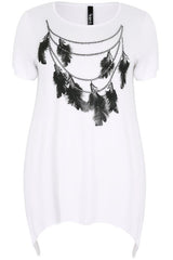 White & Black Feather Print Top