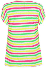 White, Pink, Green & Yellow Stripe Top With Short Turn-back Sleeves