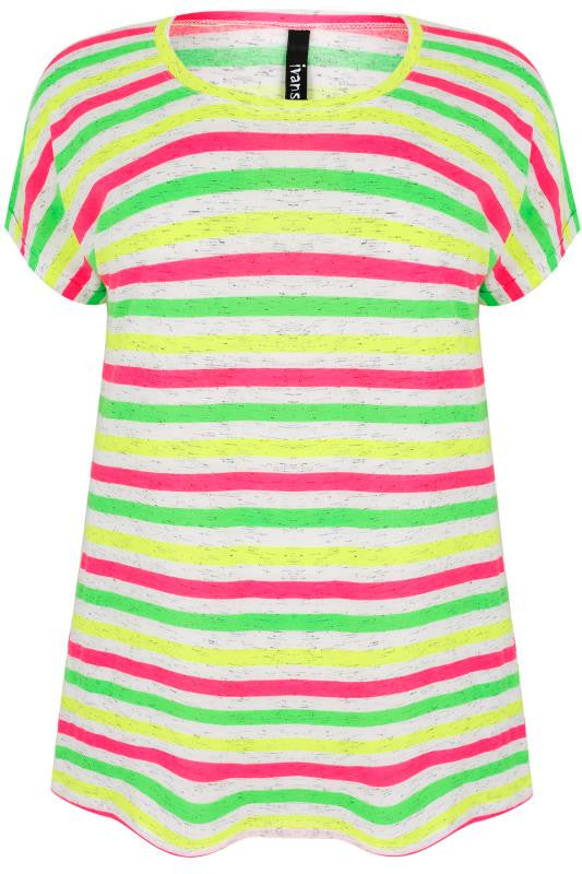 White, Pink, Green & Yellow Stripe Top With Short Turn-back Sleeves,Plus size clothing,womens plus size clothing,big size ladies dress,plus size