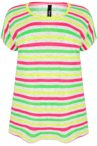 White, Pink, Green & Yellow Stripe Top With Short Turn-back Sleeves,Plus size clothing,womens plus size clothing,big size ladies dress,plus size
