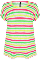 White, Pink, Green & Yellow Stripe Top With Short Turn-back Sleeves,Plus size clothing,womens plus size clothing,big size ladies dress,plus size