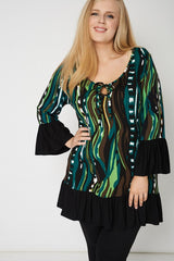 Frilled Hem And Cuff Tunic With Abstract Print,Plus size clothing,womens plus size clothing,big size ladies dress,plus size