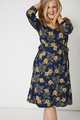 Navy And Yellow Dress With Drawstring Waist,Plus size clothing,womens plus size clothing,big size ladies dress,plus size