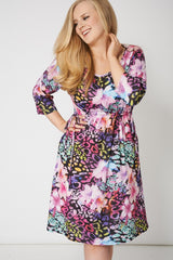 Multicoloured Flower Print Drawstring Waist Dress,Plus size clothing,womens plus size clothing,big size ladies dress,plus size