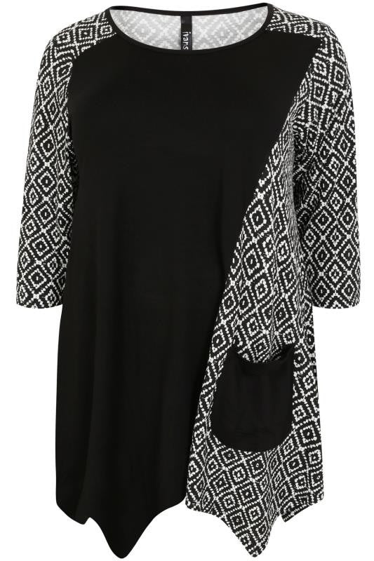 Black & White  Diamond Print Color Block Top,Plus size clothing,womens plus size clothing,big size ladies dress,plus size