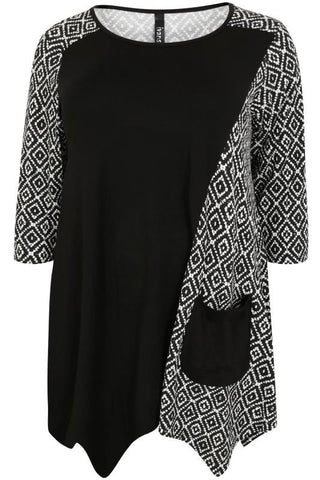 Black & White  Diamond Print Color Block Top,Plus size clothing,womens plus size clothing,big size ladies dress,plus size